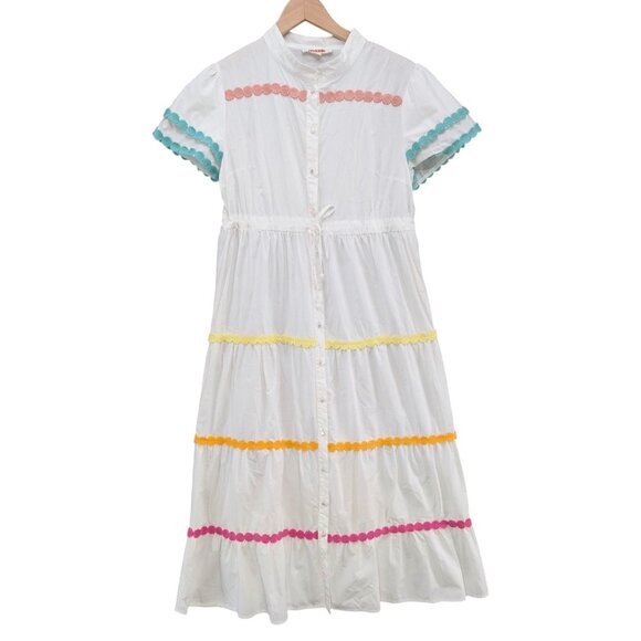 Mazik Midi Dress White Multicolor Circle Trim Tiered Short Sleeve Cotton Size M - Picture 1 of 11